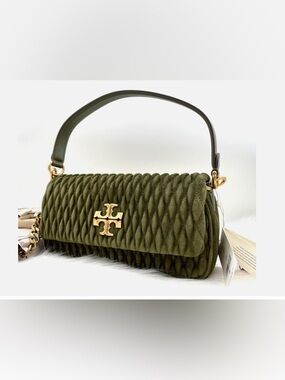 Tory Burch Olive Quilted Suede Shoulder Bag with Gold Logo